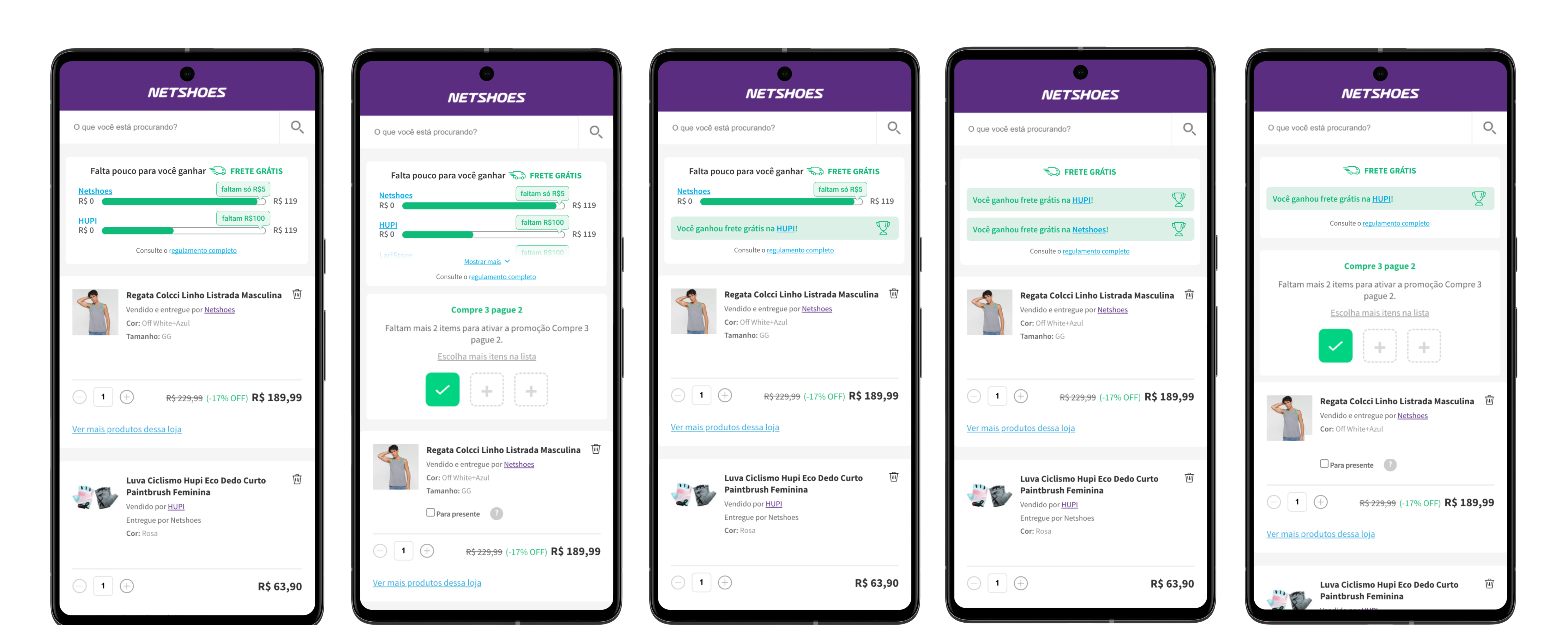 Netshoes — carrinho com comunicação de frete grátis